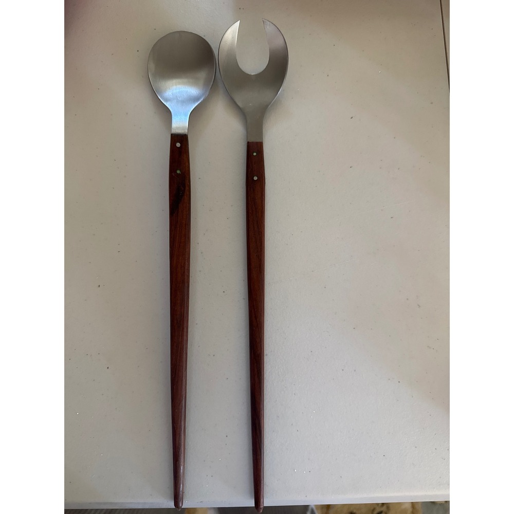 Vintage MCM Stainless Steel Salad Servers Long Wood Handles Japan 13.25 Inch
